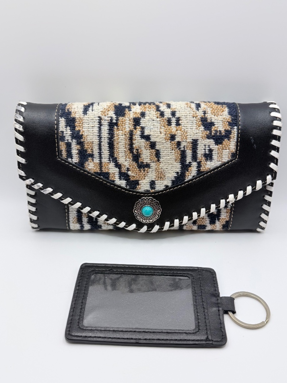 Myra Bag Jenson Bluff Wallet Upcycled Woven Canvas Black Leather Western Concho